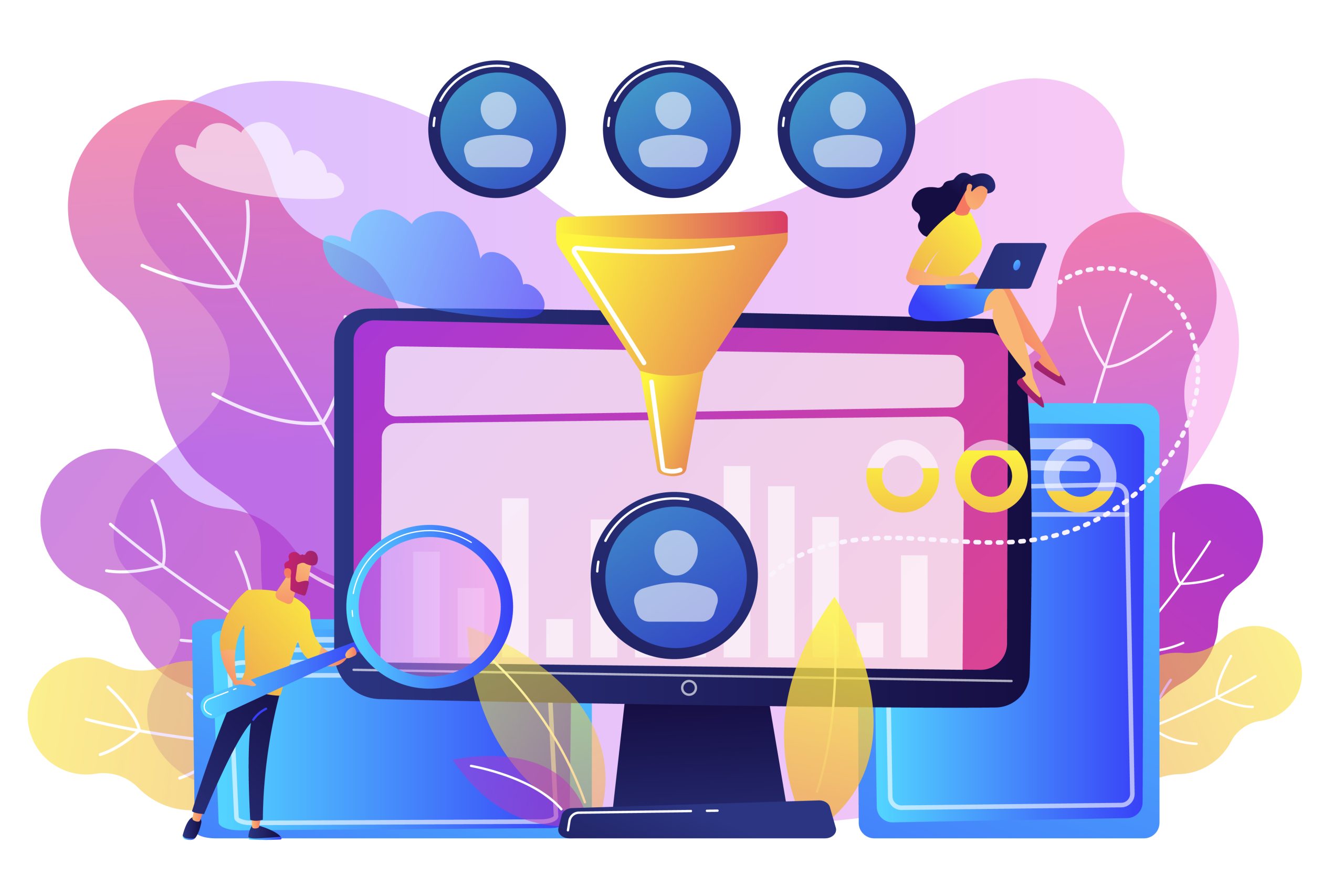 Data scientist and specialist extract knowledge and insights from data. Data science analytics, machine learning control, big data analytics concept. Bright vibrant violet vector isolated illustration